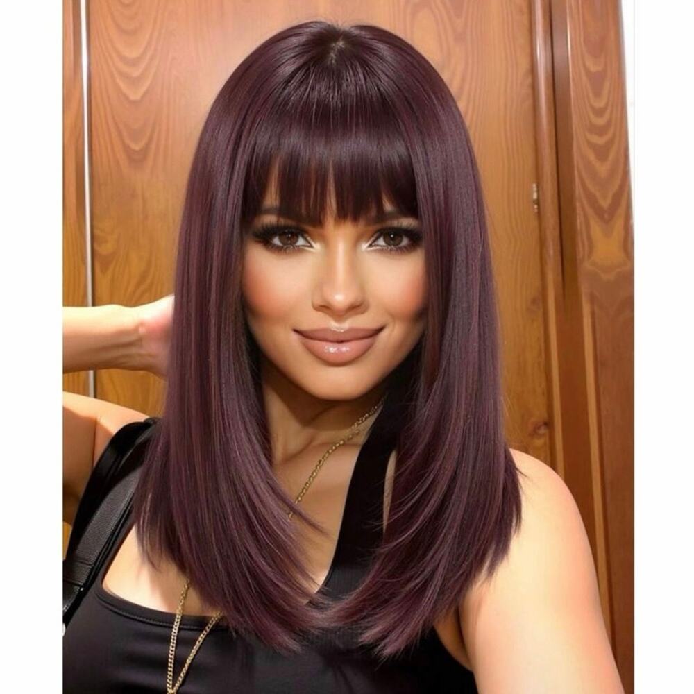 14” Burgundy Short Bob Wig With Bangs